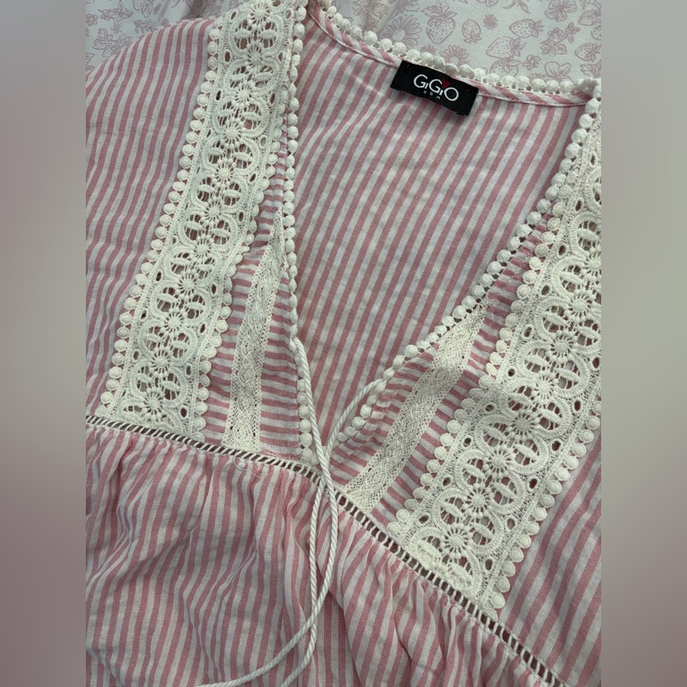 GIGIO Pink Stripe 100% Cotton Dress Lace Trim Boho Cottagecore Babydoll - Picture 3 of 7
